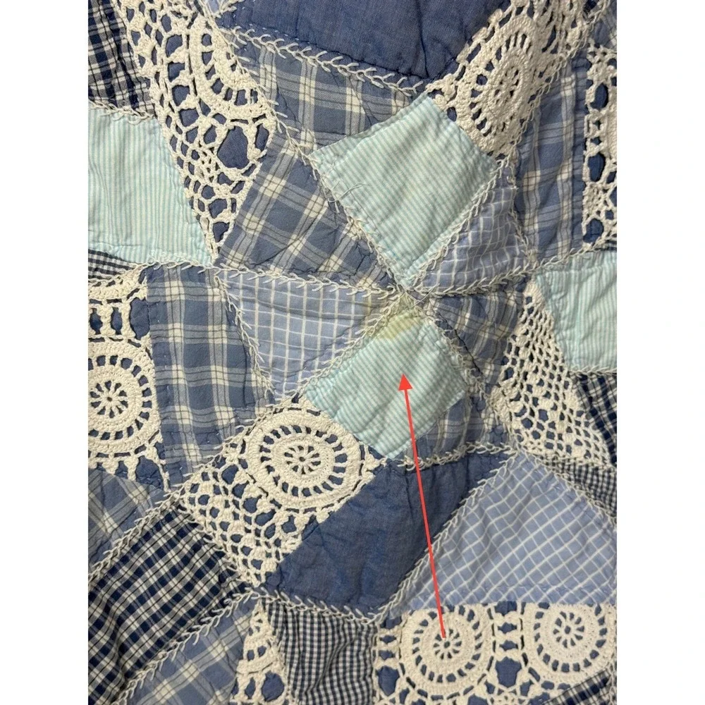 Vtg Handmade Blue Patchwork Crazy Quilt Crochet Lace Gingham Cottagecore READ
